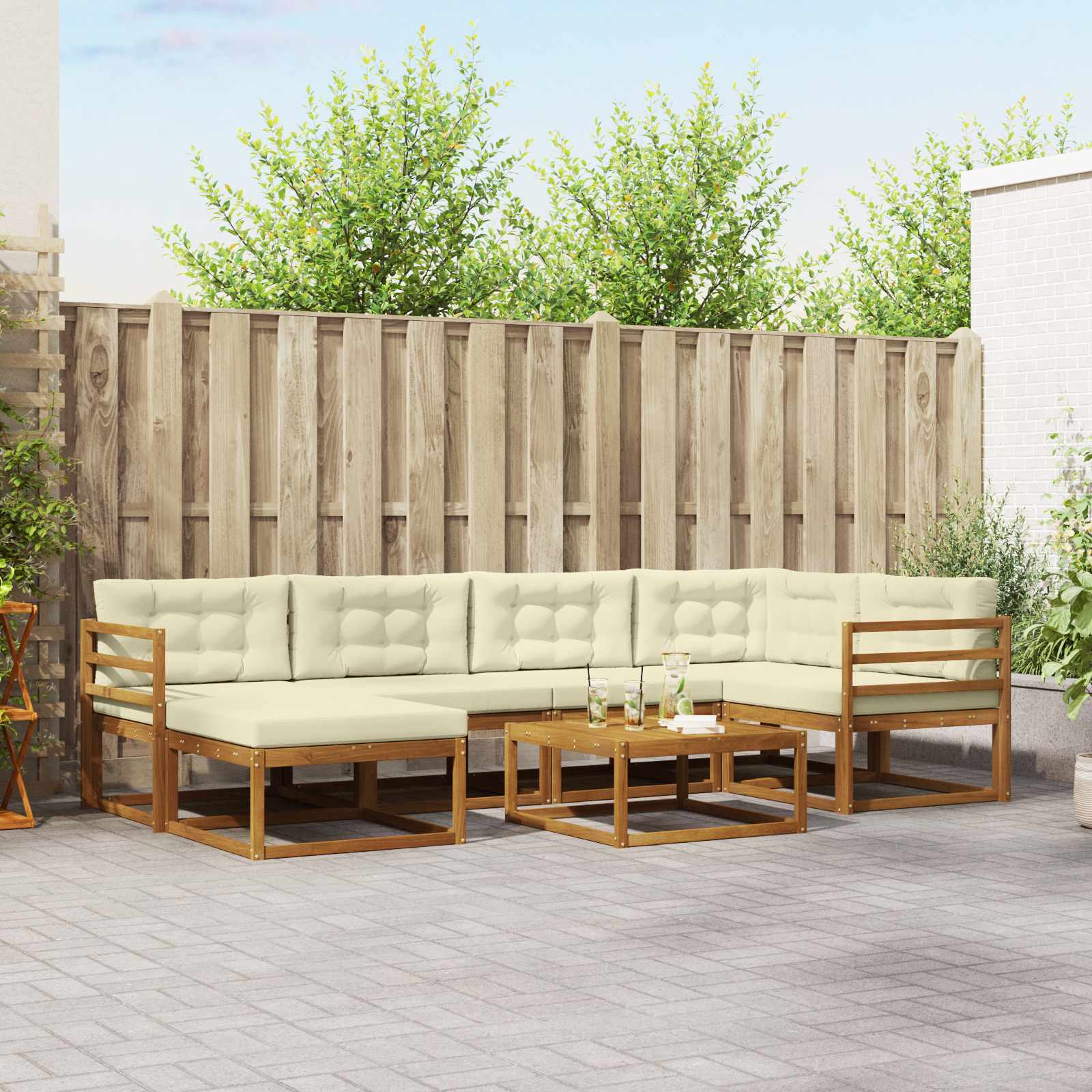 Buiten bankenset met kussen 7 pcs Natuurlijk en Crème