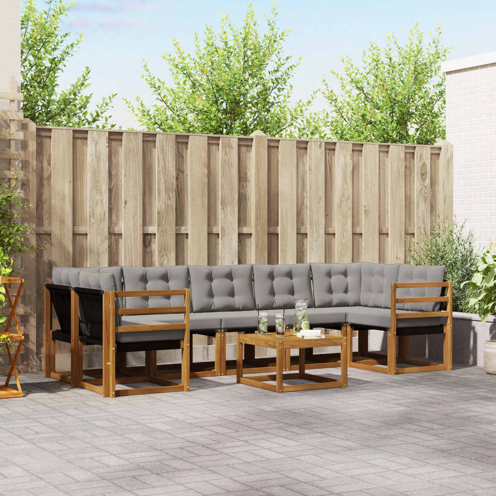 Buiten bankenset met kussen 8 pcs Natuurlijk en Lichtgrijs