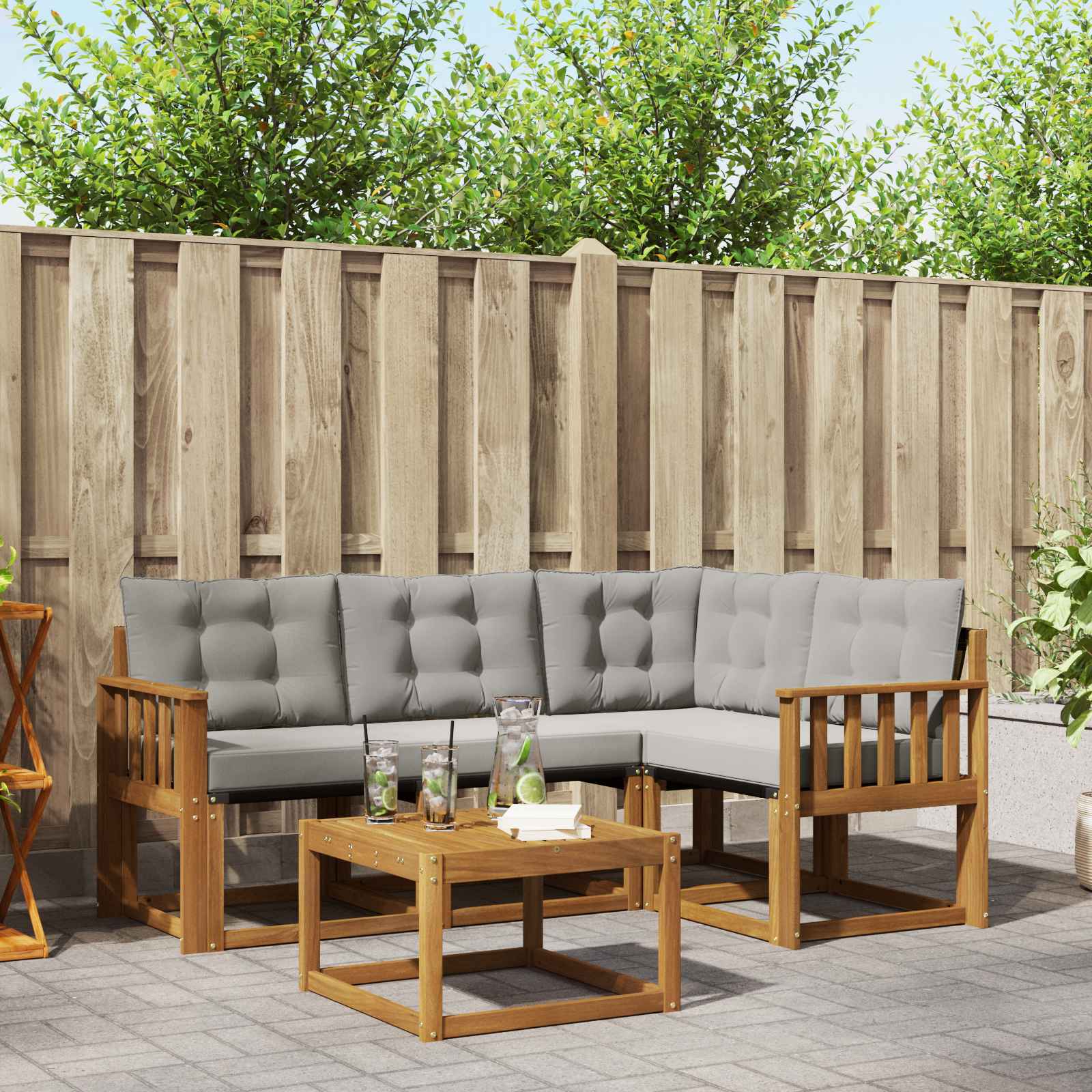 Buiten bankenset met kussen 5 pcs Natuurlijk en Lichtgrijs
