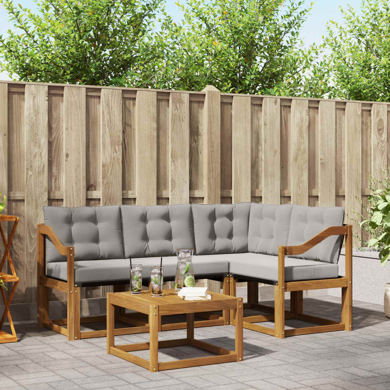 Buiten bankenset met kussen 5 pcs Natuurlijk en Lichtgrijs