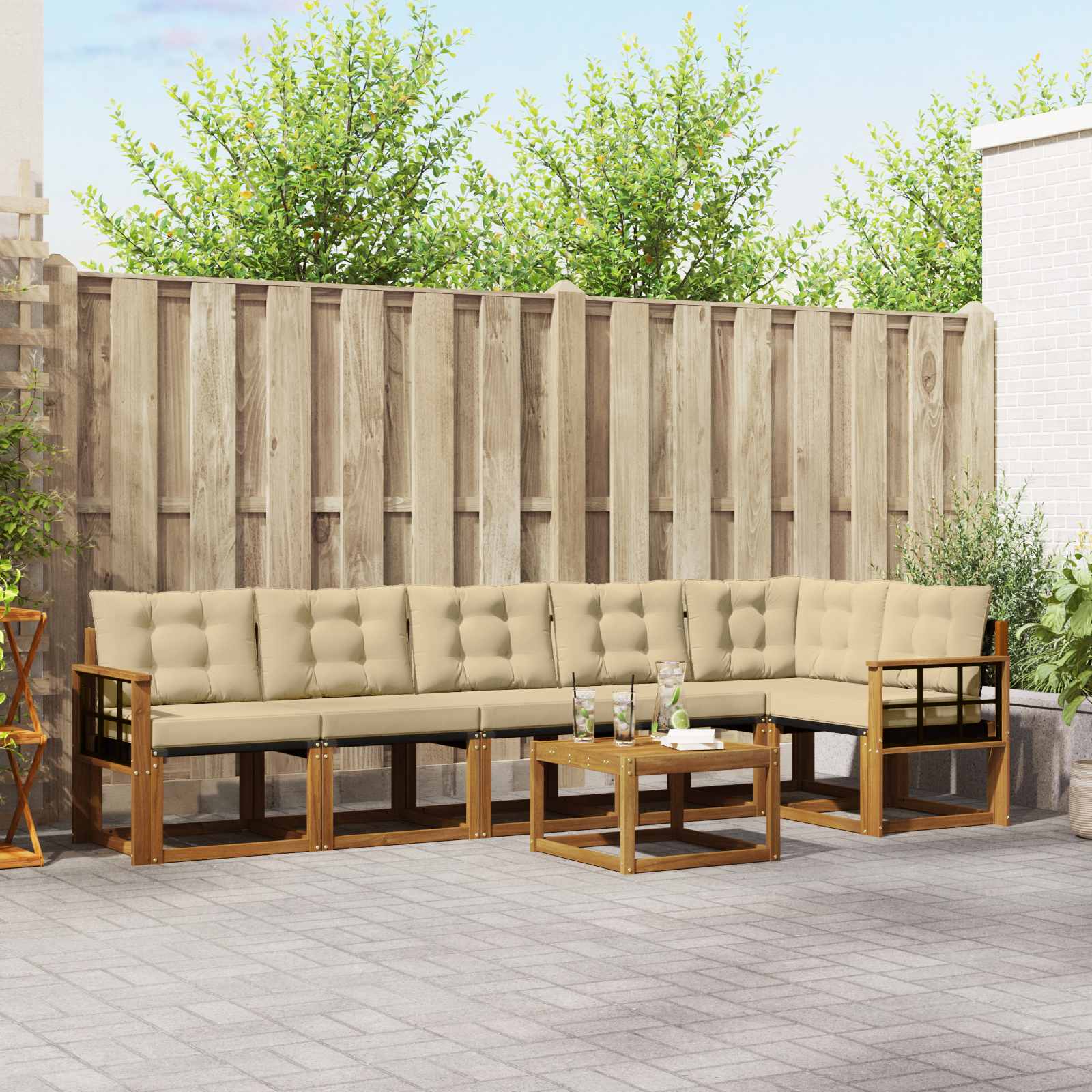 Buiten bankenset met kussen 7 pcs Natuurlijk en Beige