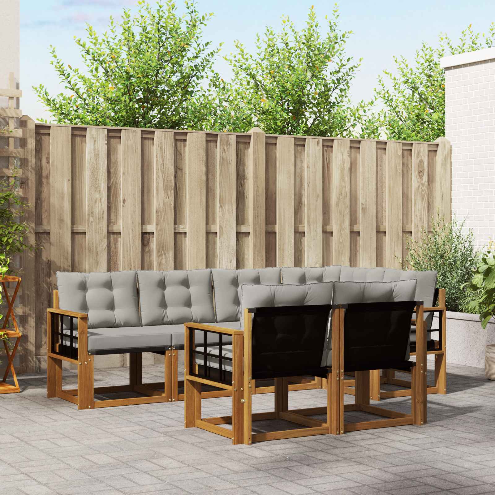 Buiten bankenset met kussen 7 pcs Natuurlijk en Lichtgrijs