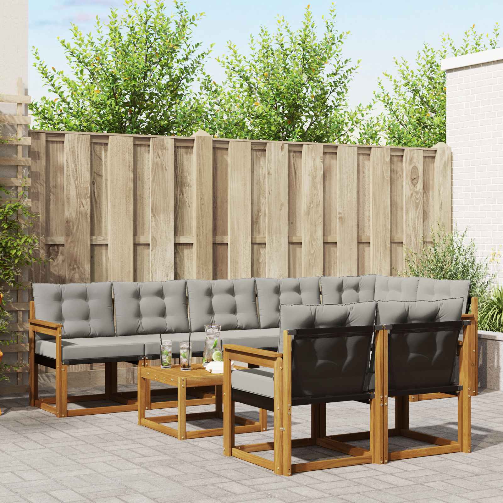 Buiten bankenset met kussen 9 pcs Natuurlijk en Lichtgrijs – afbeelding 1
