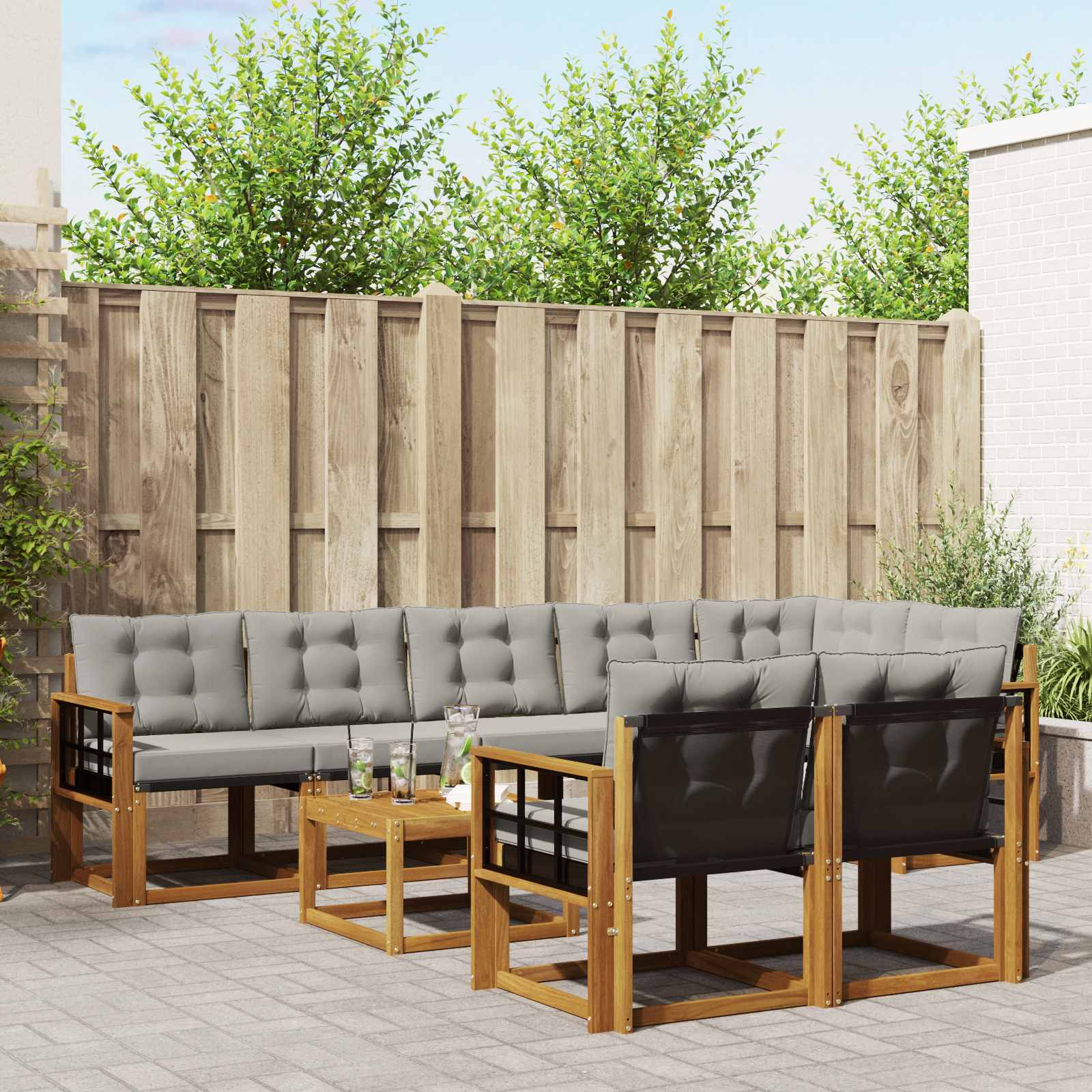 Buiten bankenset met kussen 9 pcs Natuurlijk en Lichtgrijs – afbeelding 1