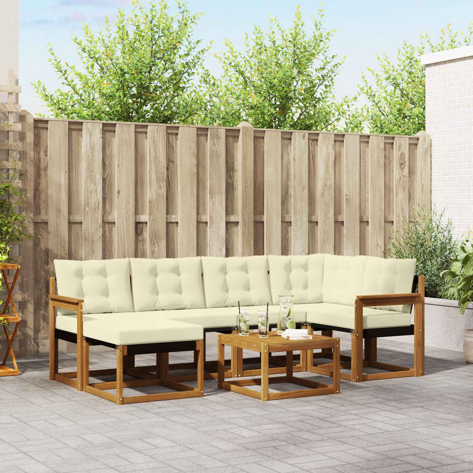 Buiten bankenset met kussen 7 pcs Natuurlijk en Crème – afbeelding 1