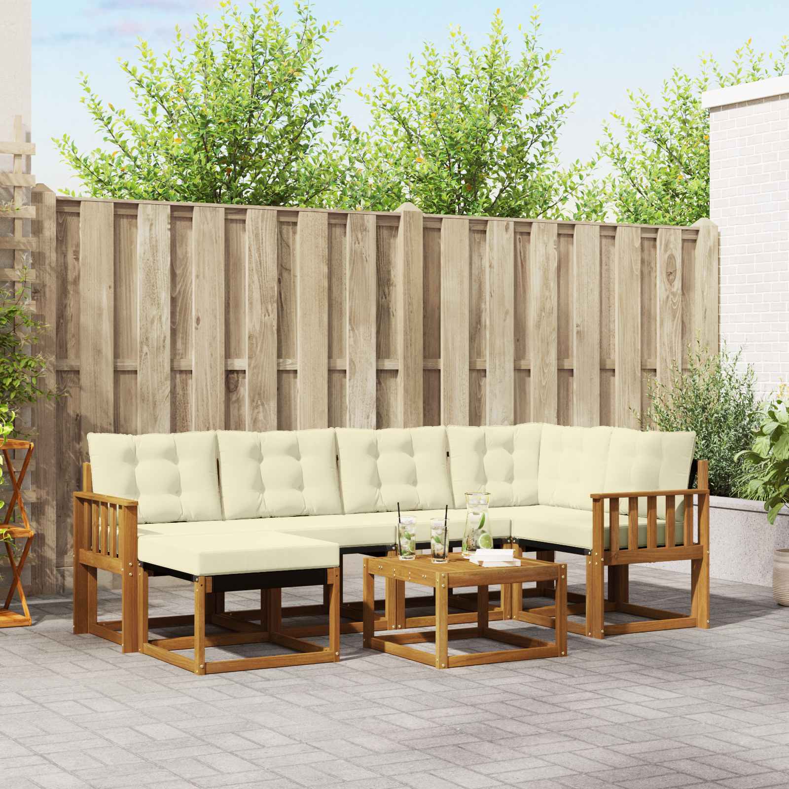 Buiten bankenset met kussen 7 pcs Natuurlijk en Crème