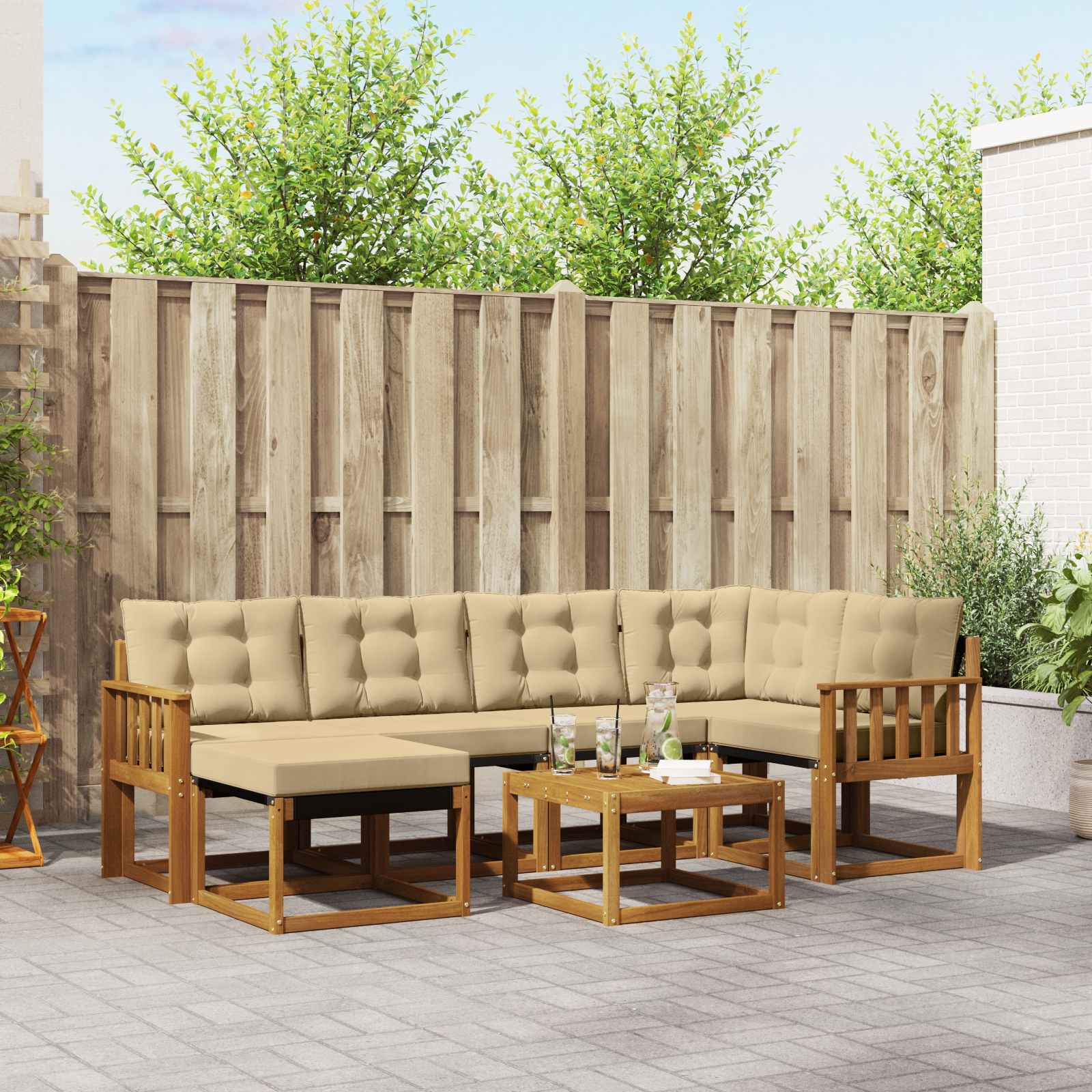Buiten bankenset met kussen 7 pcs Natuurlijk en Beige