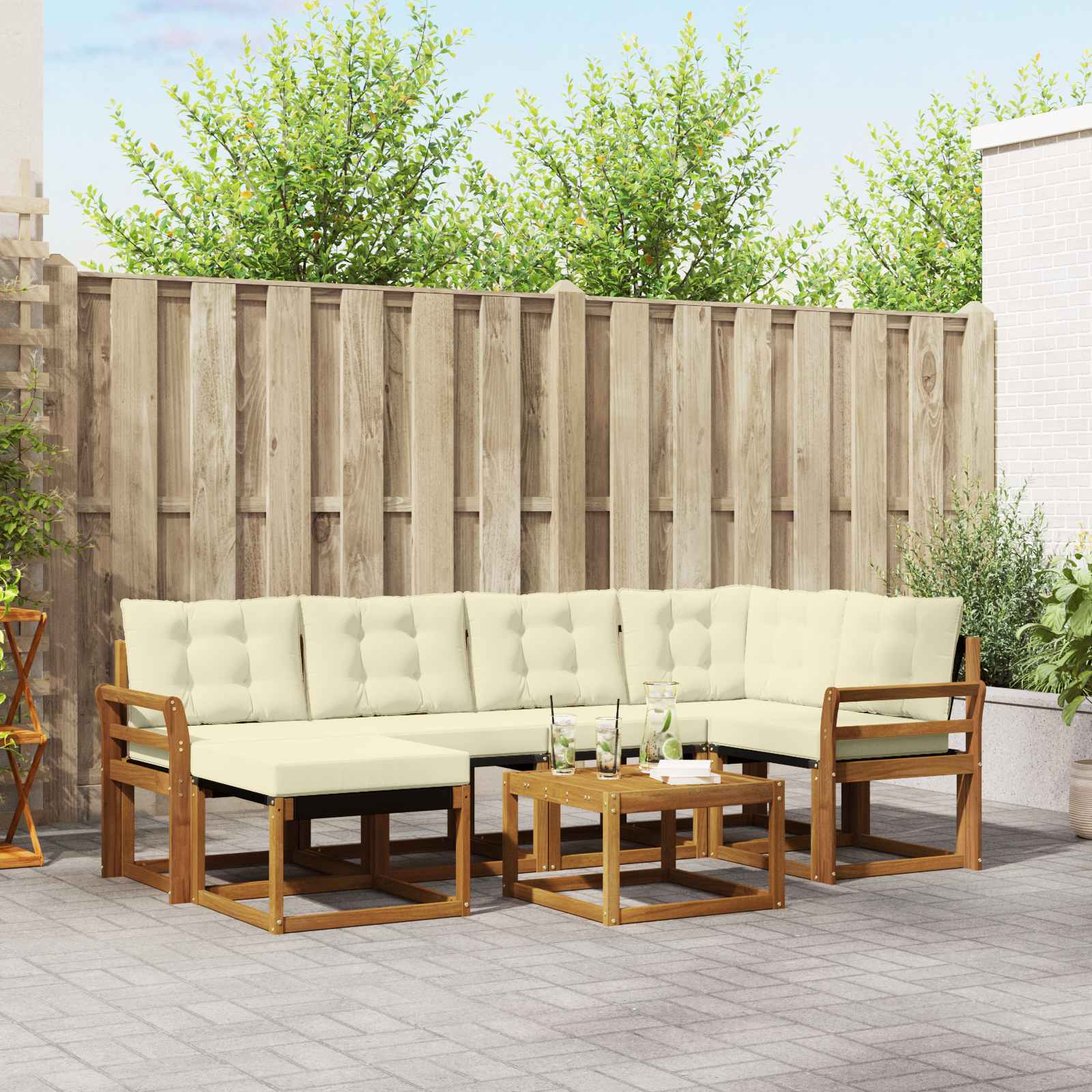 Buiten bankenset met kussen 7 pcs Natuurlijk en Crème