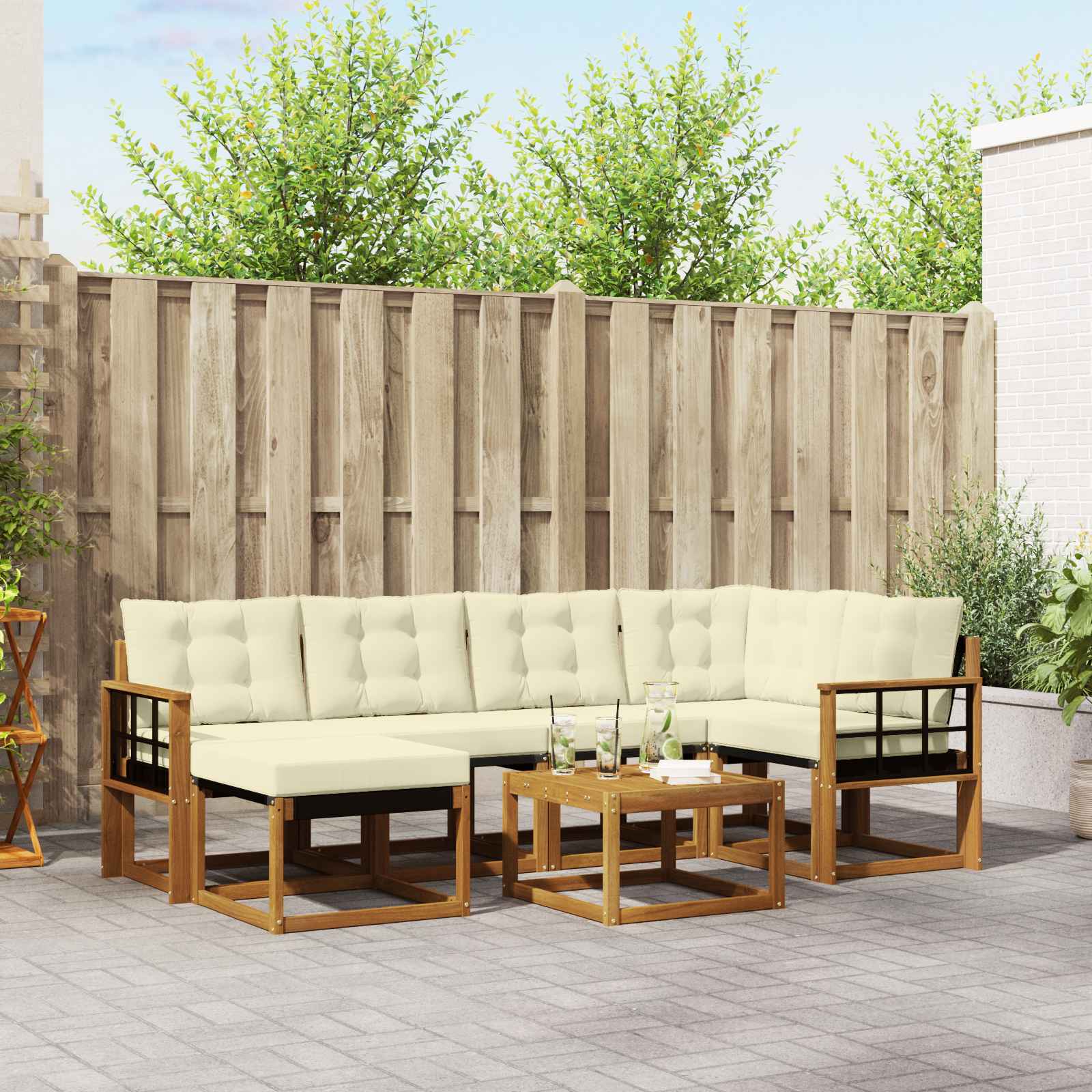 Buiten bankenset met kussen 7 pcs Natuurlijk en Crème