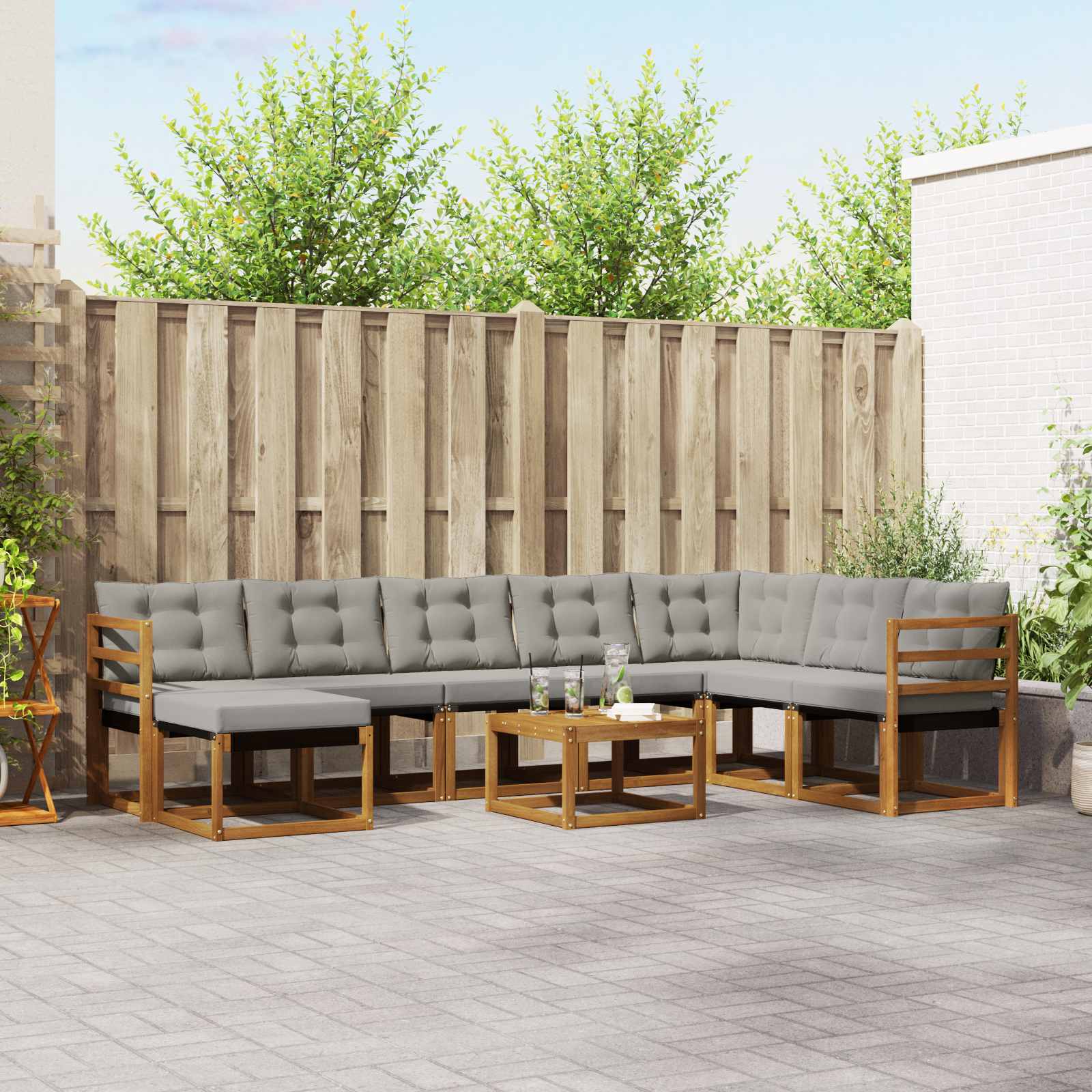 Buiten bankenset met kussen 9 pcs Natuurlijk en Lichtgrijs – afbeelding 1