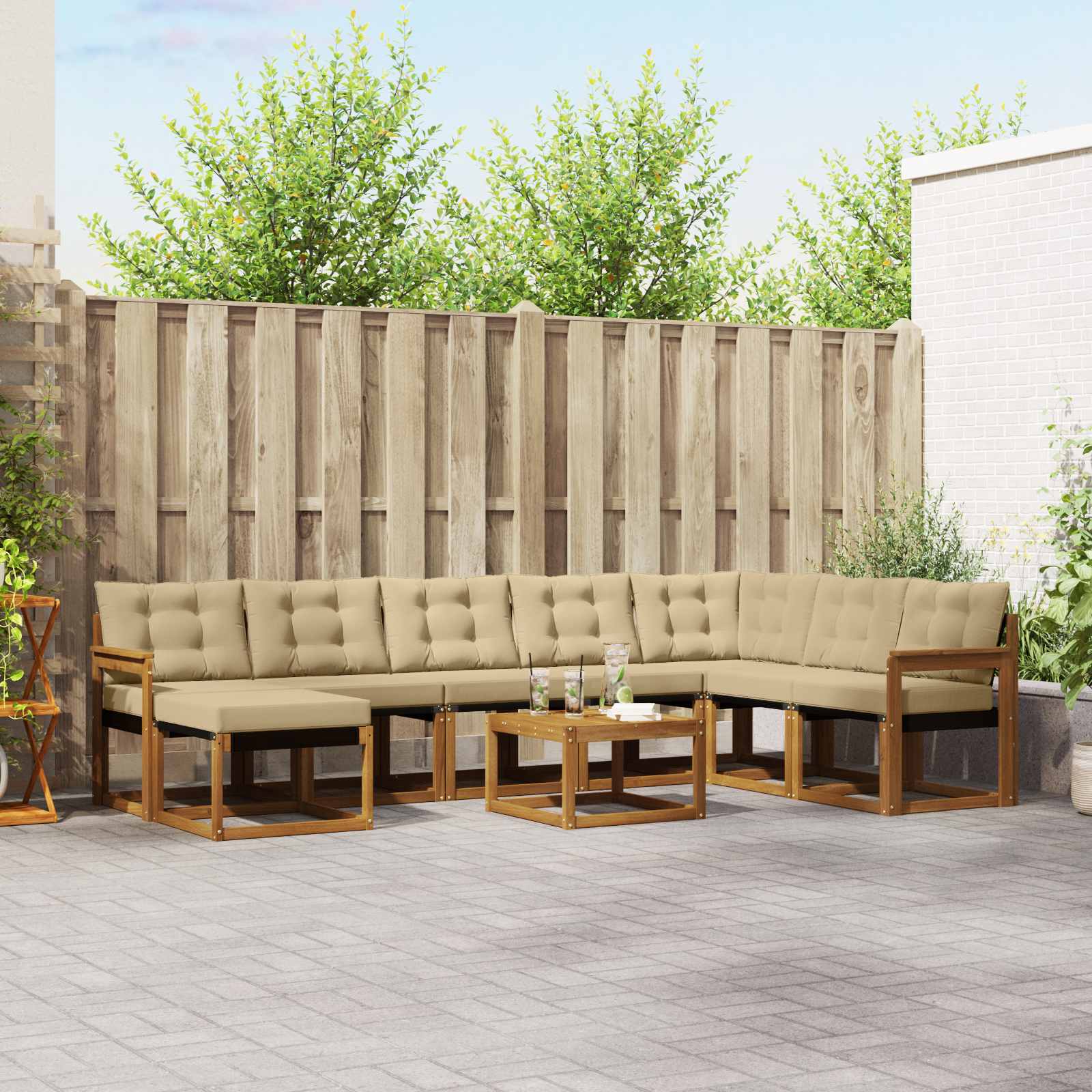 Buiten bankenset met kussen 9 pcs Natuurlijk en Beige