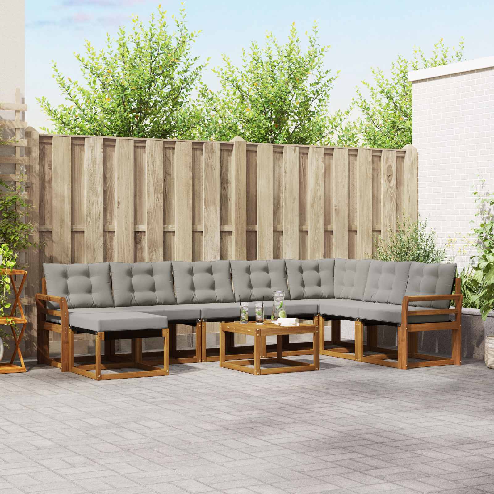 Buiten bankenset met kussen 9 pcs Natuurlijk en Lichtgrijs