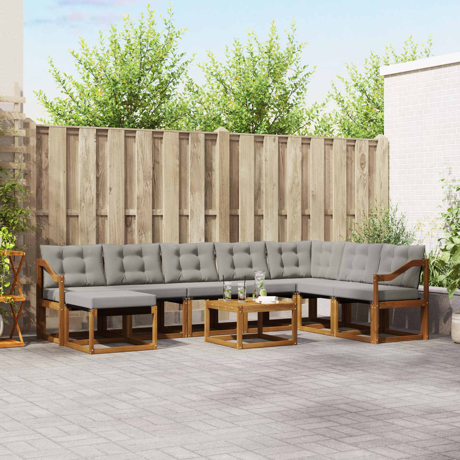 Buiten bankenset met kussen 9 pcs Natuurlijk en Lichtgrijs – afbeelding 1