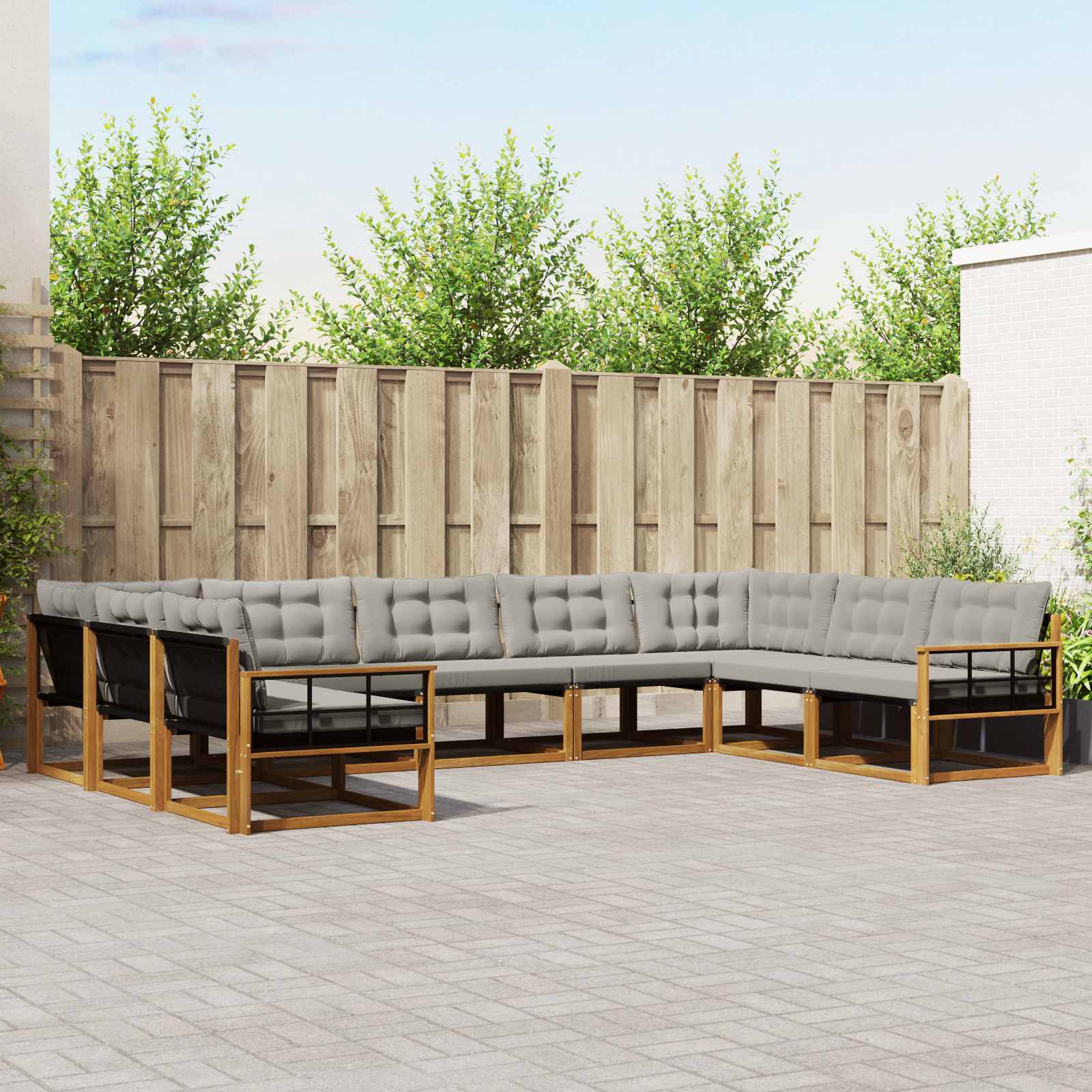 Buiten bankenset met kussen 9 pcs Natuurlijk en Lichtgrijs