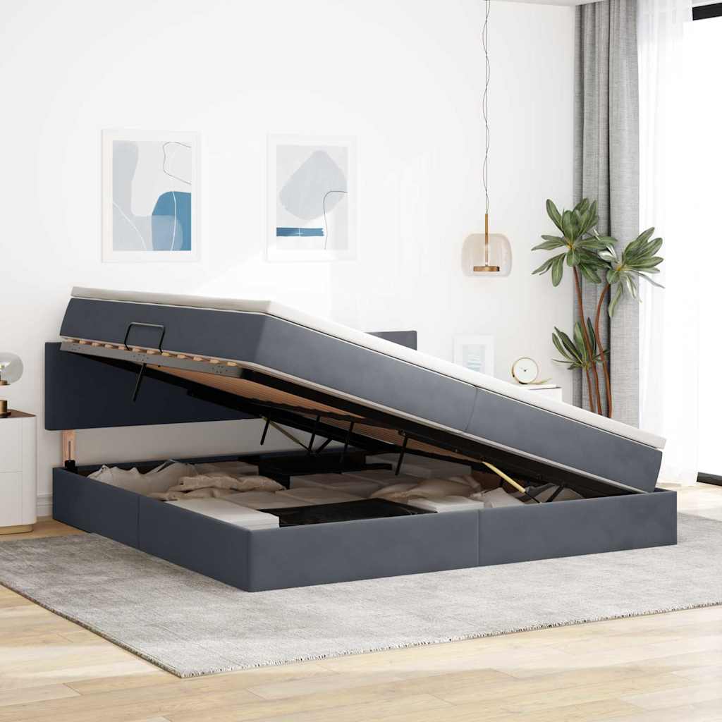 Opbergbed met LED met matras Donkergrijs 200 x 200 cm Fluweel – afbeelding 1