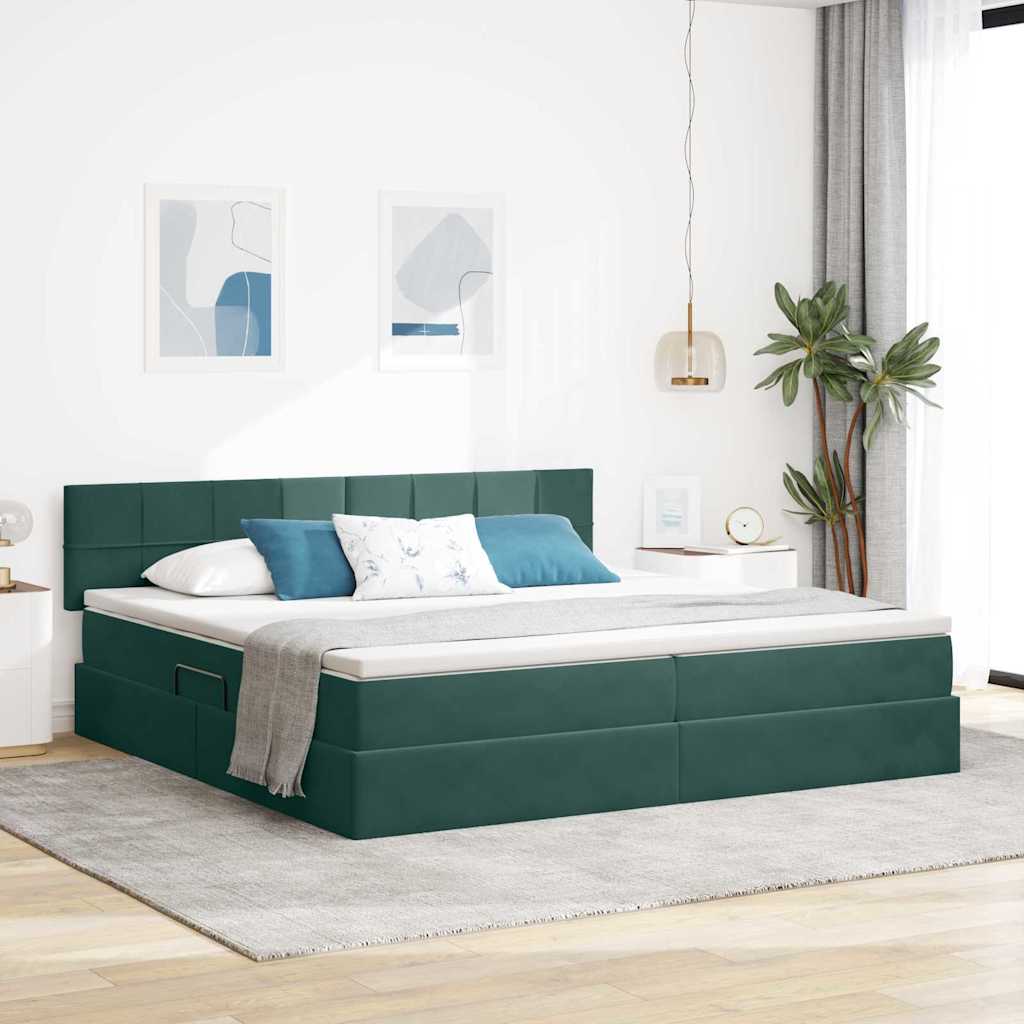 Opbergbed met LED met matras Donkergroen 200 x 200 cm Fluweel – afbeelding 1