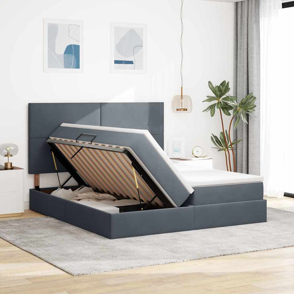 Opslag bed met matras Donkergrijs 200 x 200 cm Fluweel – afbeelding 1