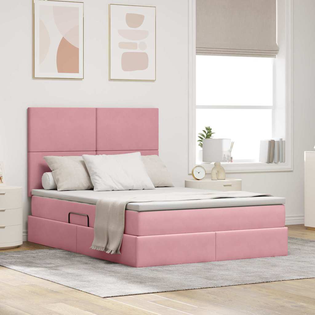 Opbergbed met LED met matras met LED Roze 140 x 190 cm Fluweel – afbeelding 1