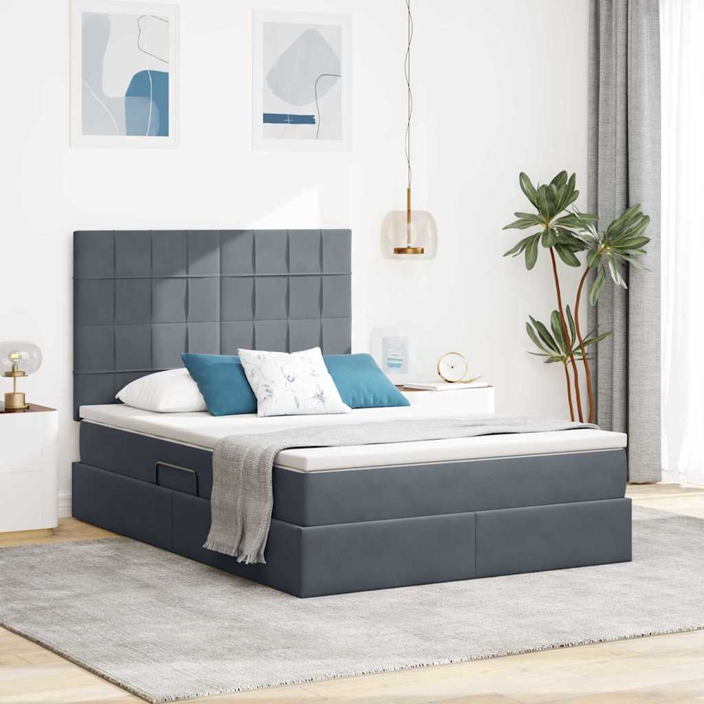 Opbergbed met LED met matras Donkergrijs 140 x 190 cm Fluweel – afbeelding 1