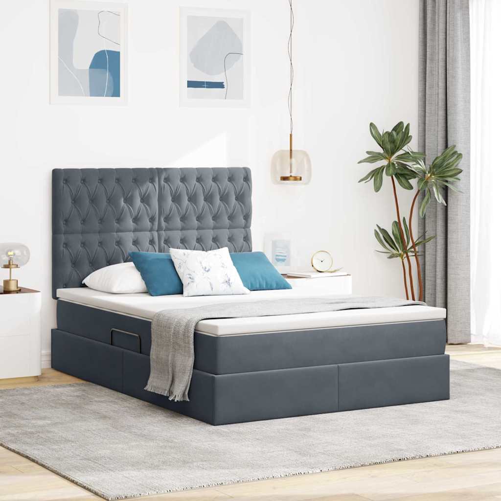 Opbergbed met LED met matras Donkergrijs 140 x 200 cm Fluweel – afbeelding 1