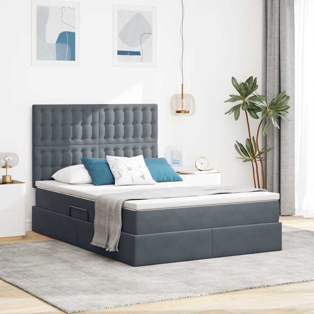 Opbergbed met LED met matras Donkergrijs 140 x 190 cm Fluweel – afbeelding 1