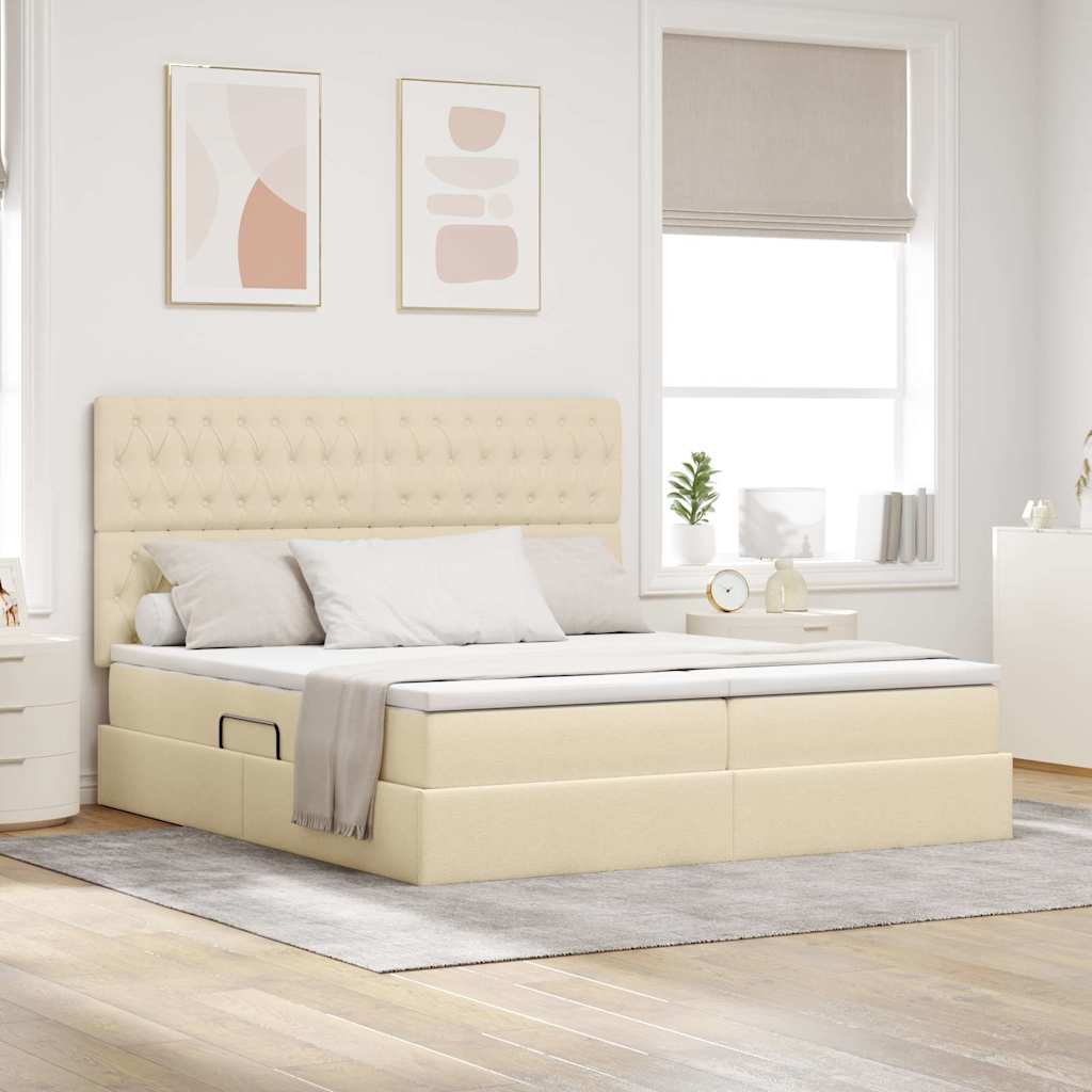 Bed met LED-stripverlichting met opslag Crème 180 x 200 cm Stof – afbeelding 1
