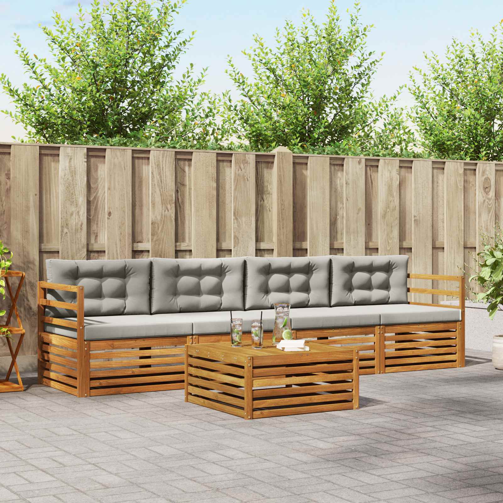 Buiten bankenset met kussen 5 pcs Natuurlijk en Lichtgrijs