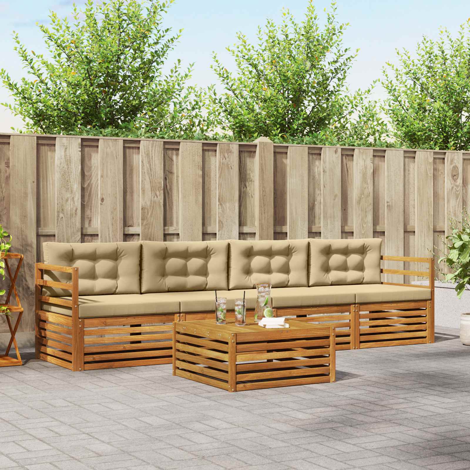 Buiten bankenset met kussen 5 pcs Natuurlijk en Beige