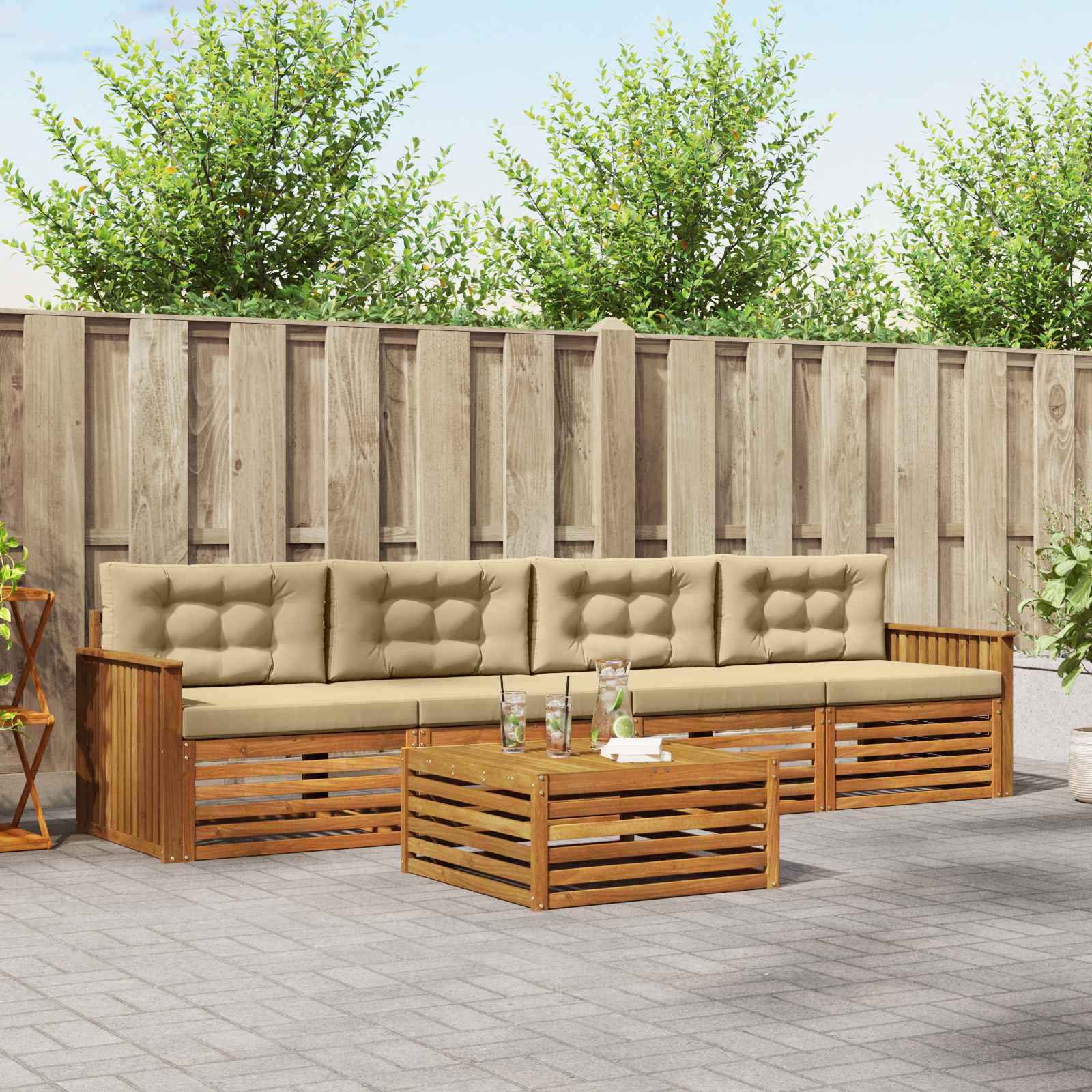 Buiten bankenset met kussen 5 pcs Natuurlijk en Beige