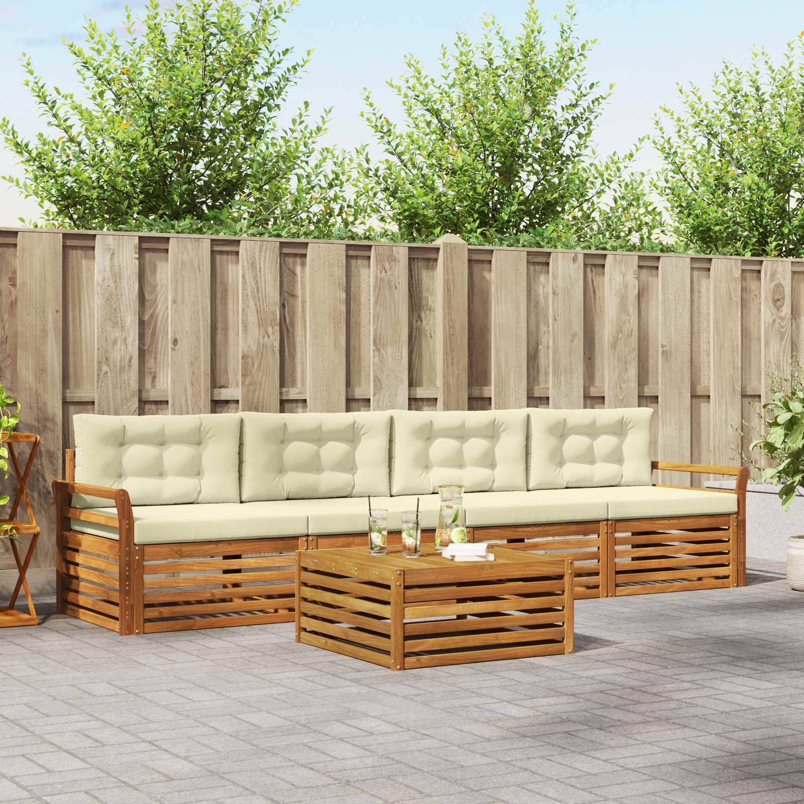 Buiten bankenset met kussen 5 pcs Natuurlijk en Crème