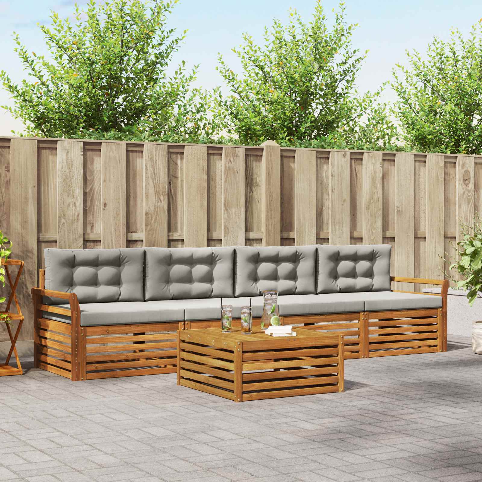 Buiten bankenset met kussen 5 pcs Natuurlijk en Lichtgrijs