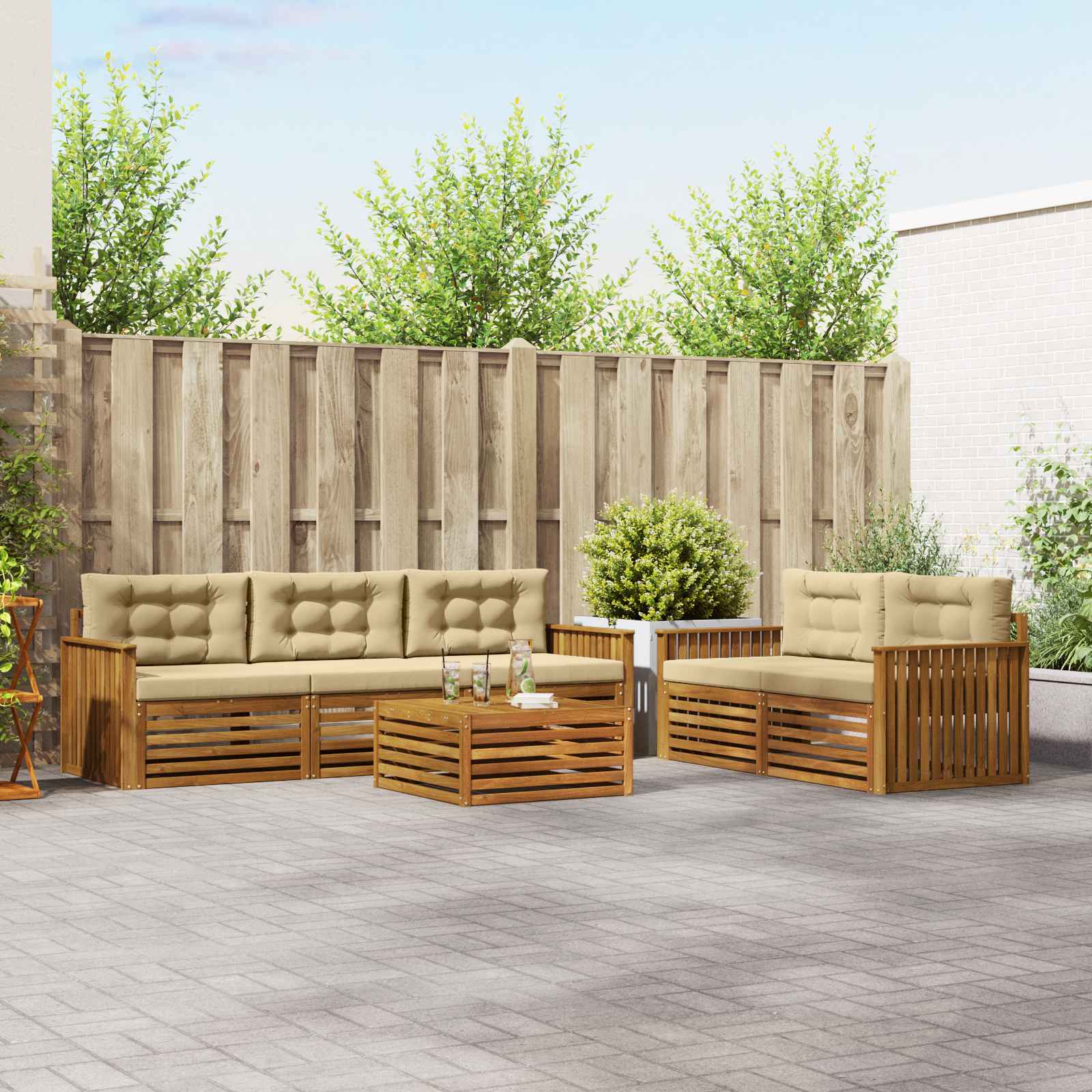Buiten bankenset met kussen 6 pcs Natuurlijk en Beige