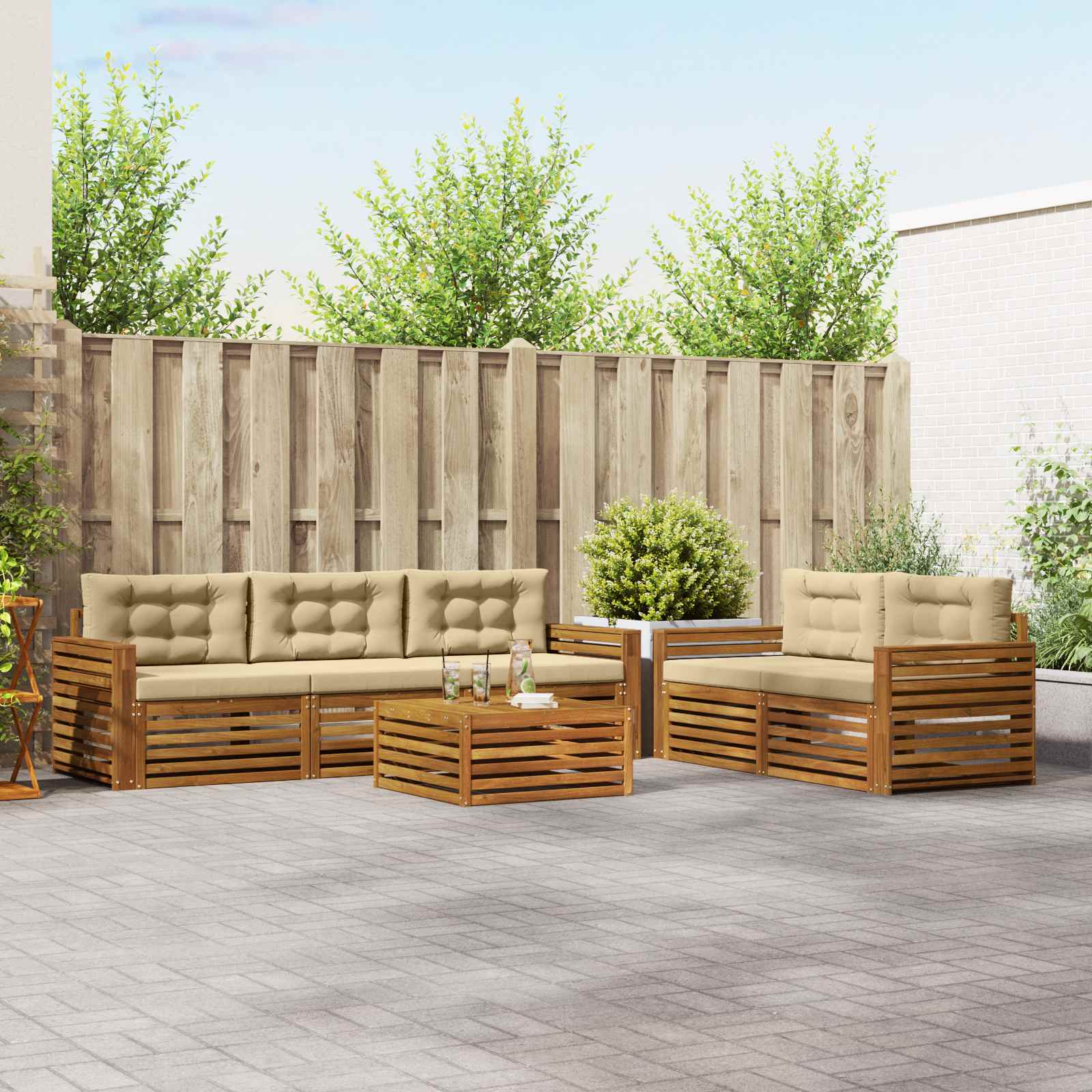 Buiten bankenset met kussen 6 pcs Natuurlijk en Beige