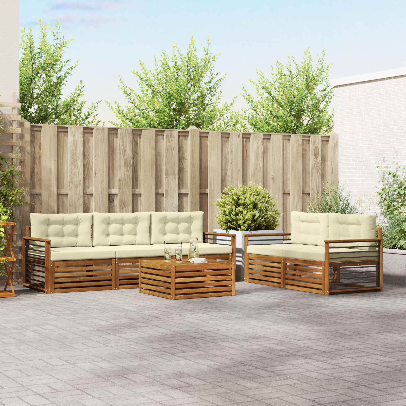 Buiten bankenset met kussen 6 pcs Natuurlijk en Crème