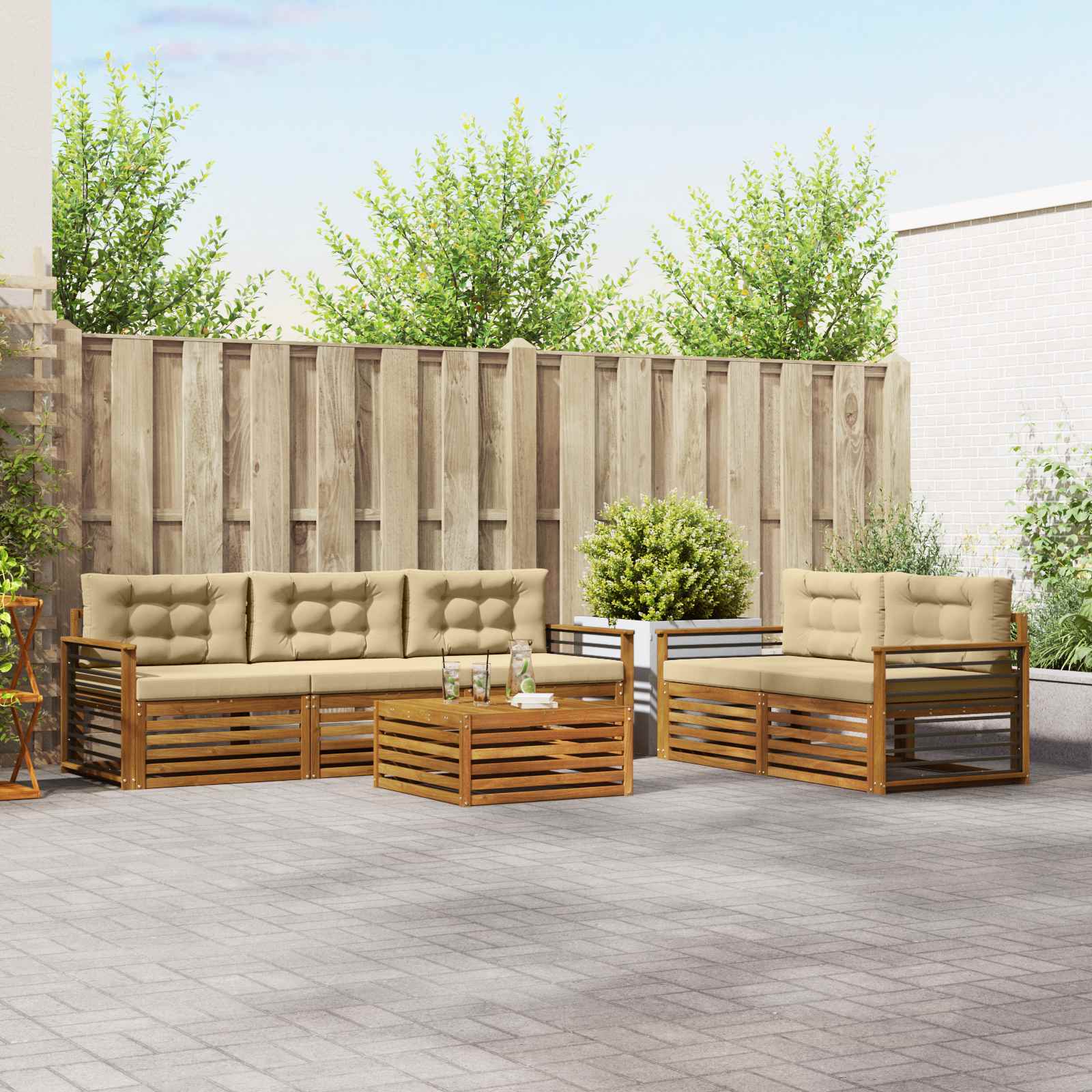 Buiten bankenset met kussen 6 pcs Natuurlijk en Beige