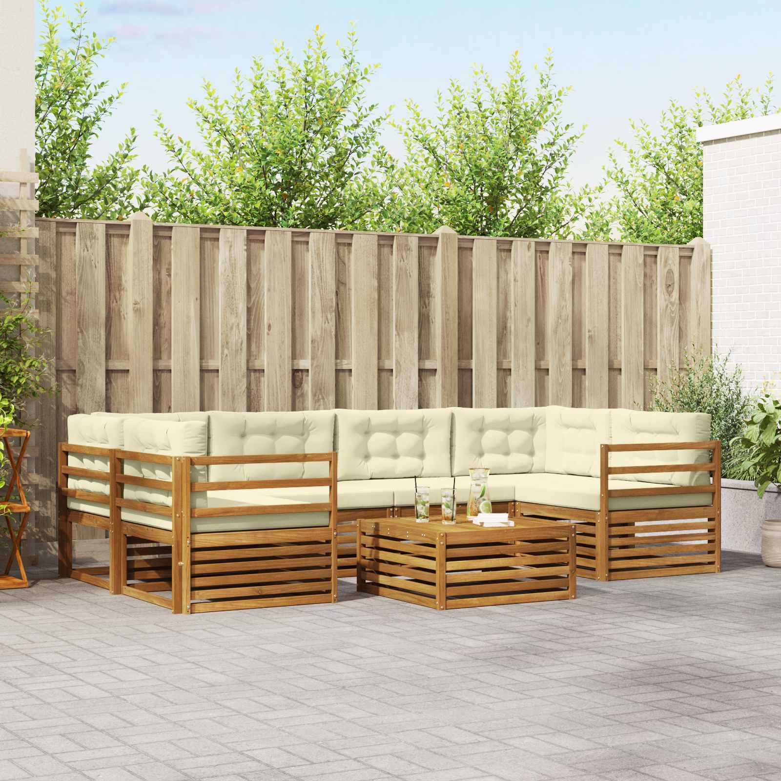 Buiten bankenset met kussen 7 pcs Natuurlijk en Crème