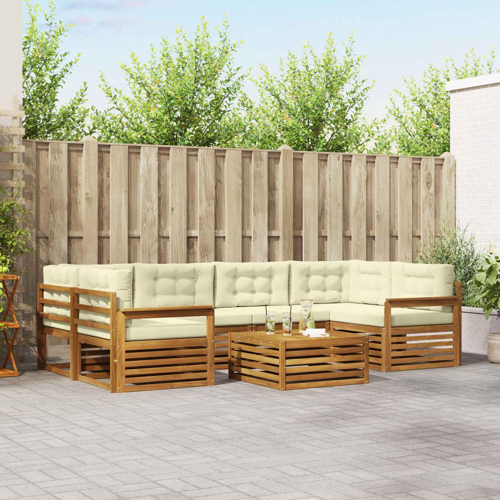 Buiten bankenset met kussen 7 pcs Natuurlijk en Crème – afbeelding 1