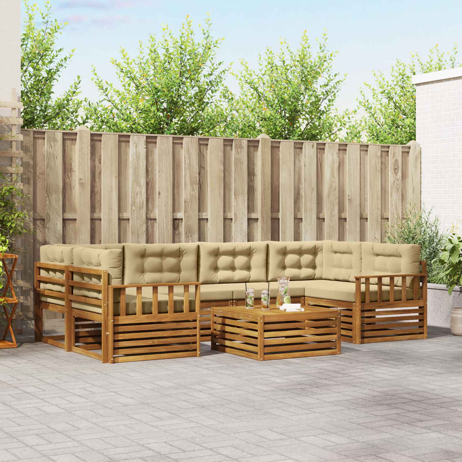 Buiten bankenset met kussen 7 pcs Natuurlijk en Beige