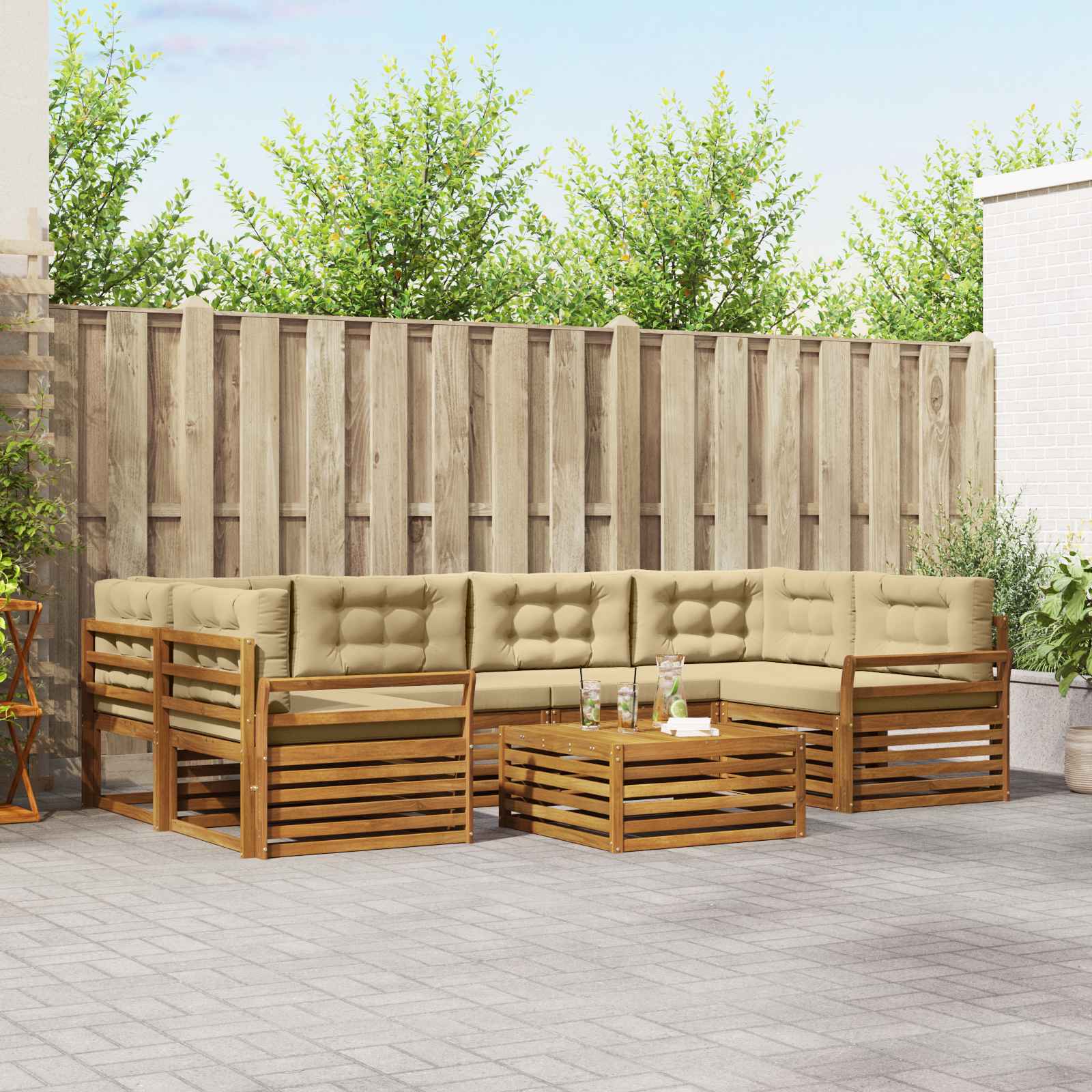 Buiten bankenset met kussen 7 pcs Natuurlijk en Beige