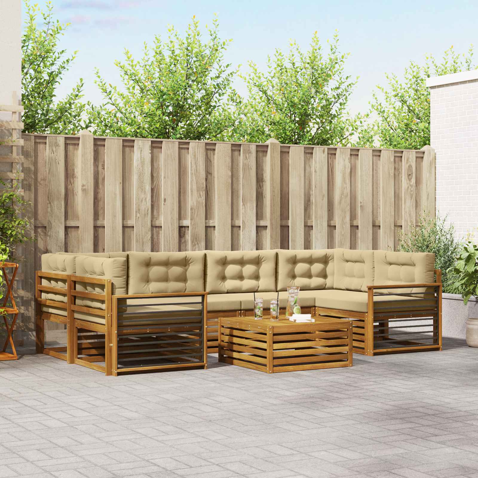 Buiten bankenset met kussen 7 pcs Natuurlijk en Beige
