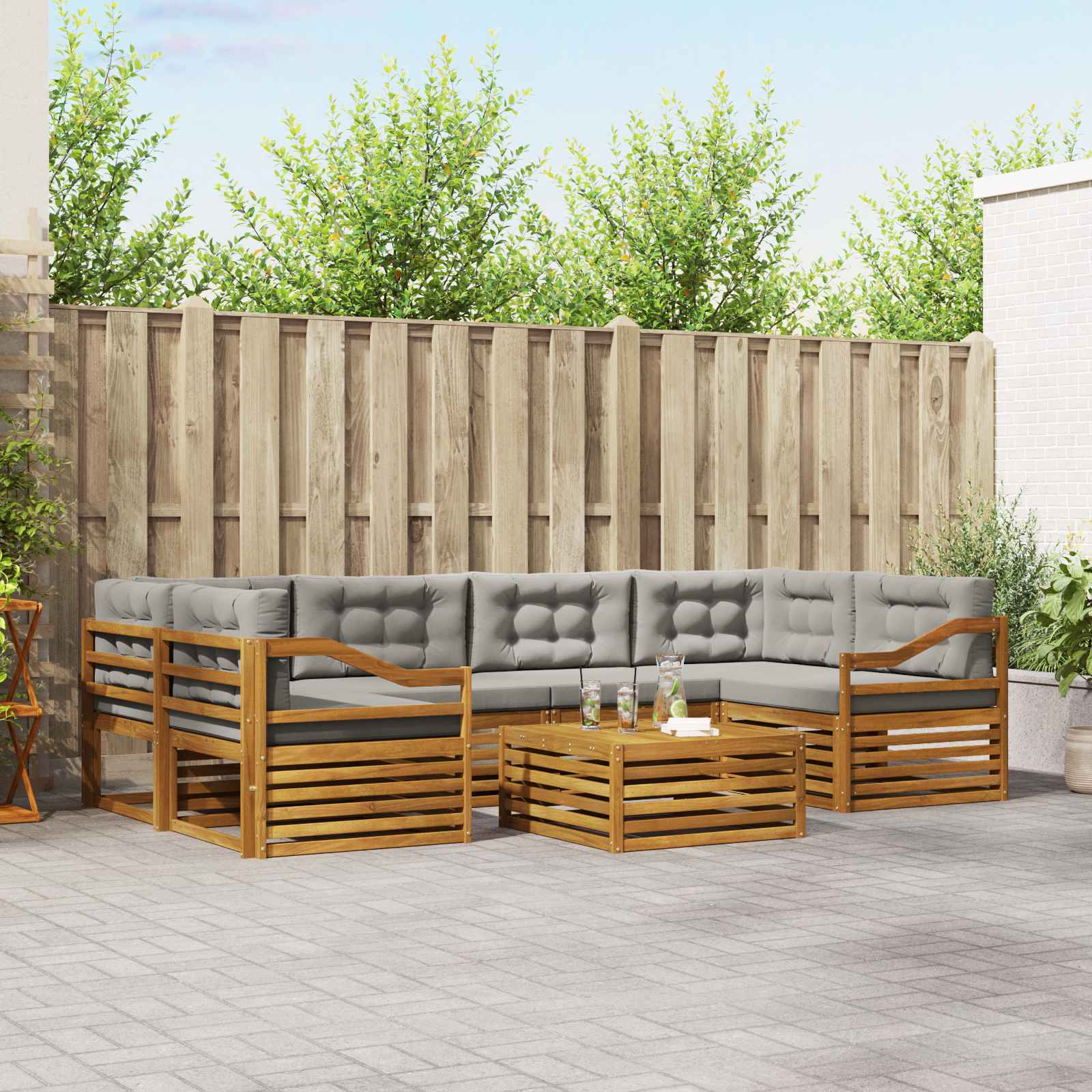 Buiten bankenset met kussen 7 pcs Natuurlijk en Lichtgrijs