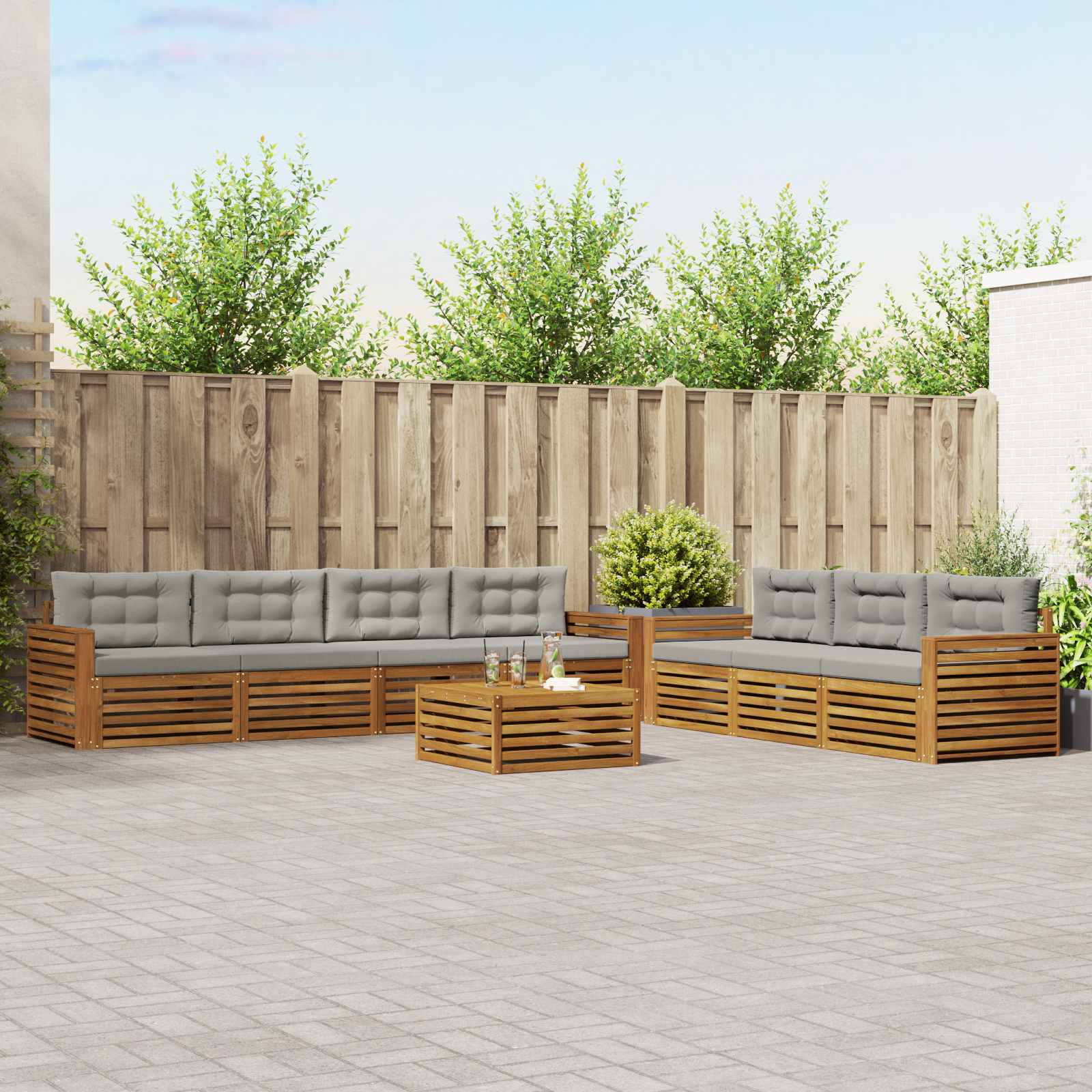 Buiten bankenset met kussen 8 pcs Natuurlijk en Lichtgrijs