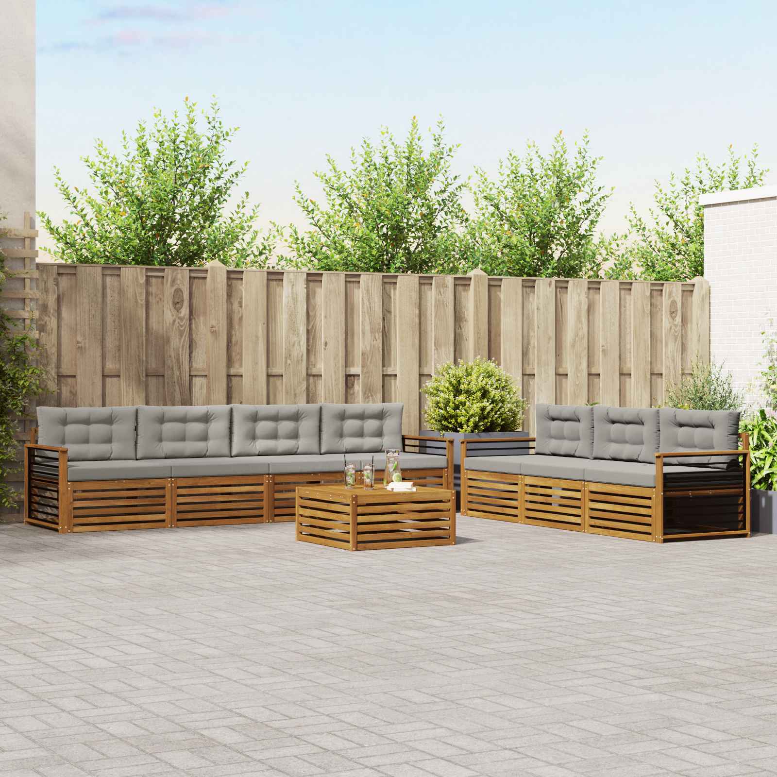 Buiten bankenset met kussen 8 pcs Natuurlijk en Lichtgrijs