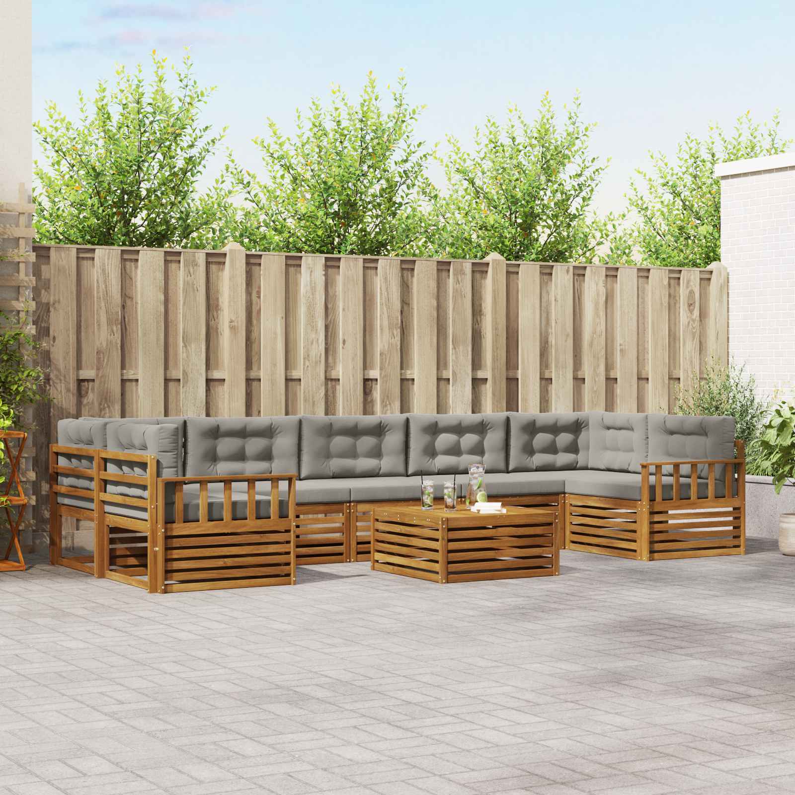 Buiten bankenset met kussen 8 pcs Natuurlijk en Lichtgrijs