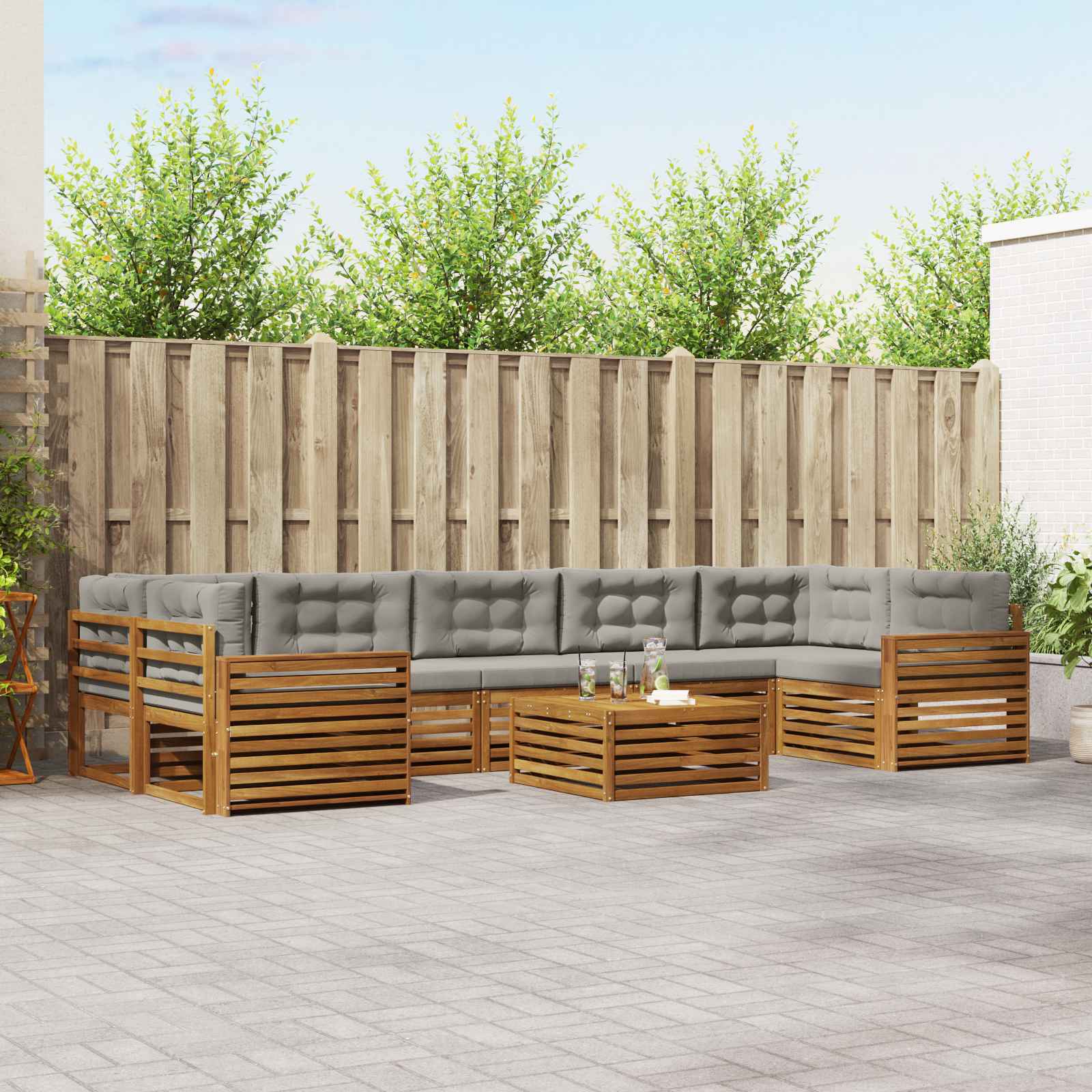 Buiten bankenset met kussen 8 pcs Natuurlijk en Lichtgrijs