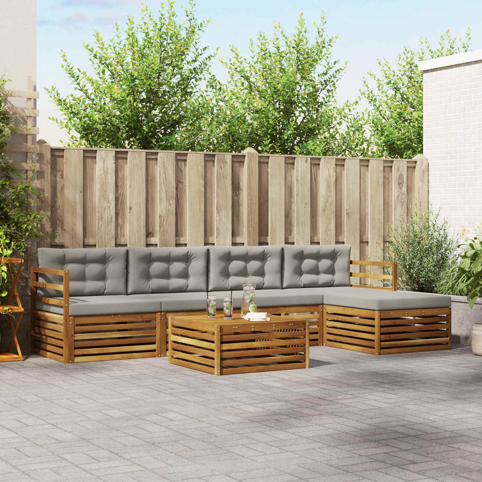 Buiten bankenset met kussen 6 pcs Natuurlijk en Lichtgrijs – afbeelding 1