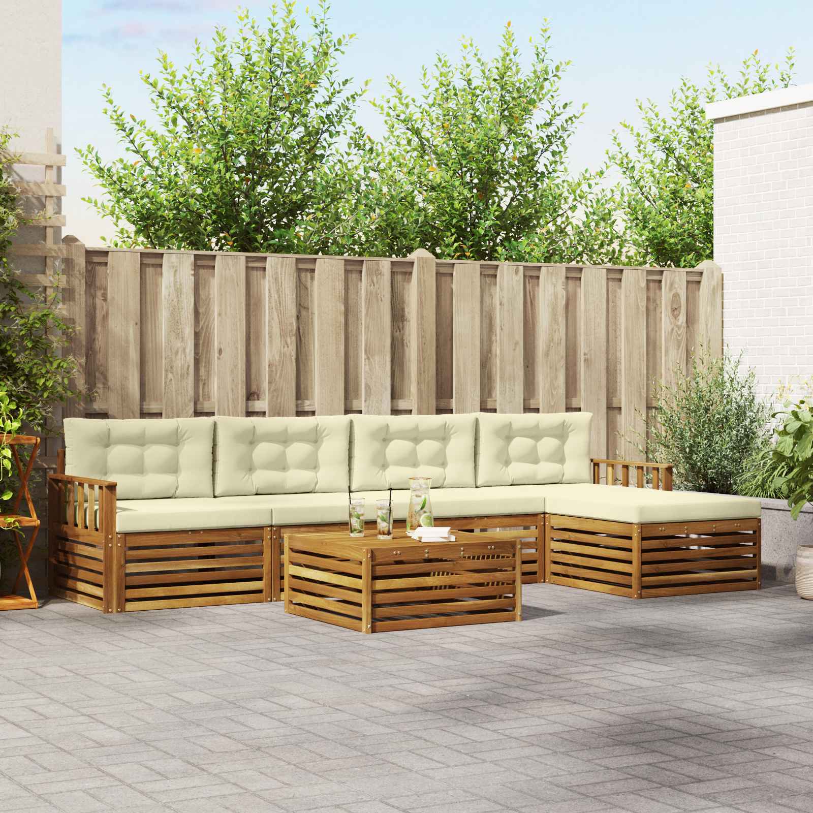Buiten bankenset met kussen 6 pcs Natuurlijk en Crème – afbeelding 1