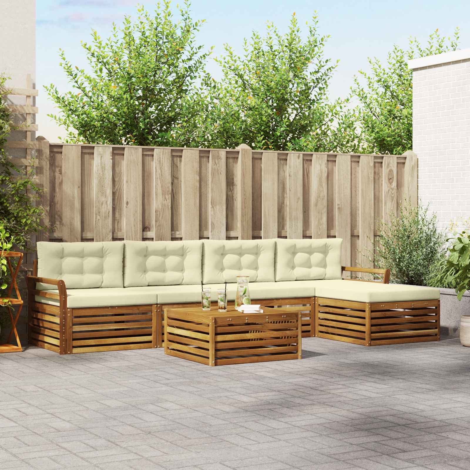 Buiten bankenset met kussen 6 pcs Natuurlijk en Crème