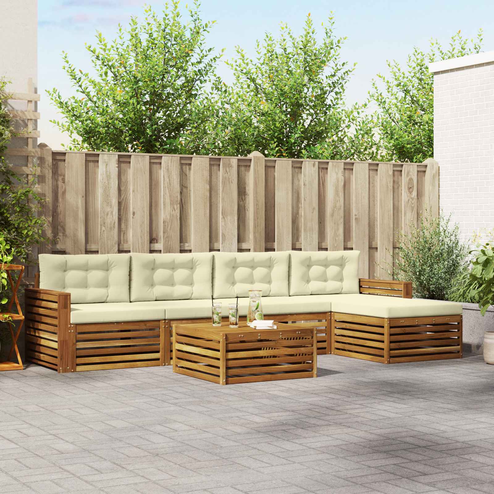 Buiten bankenset met kussen 6 pcs Natuurlijk en Crème