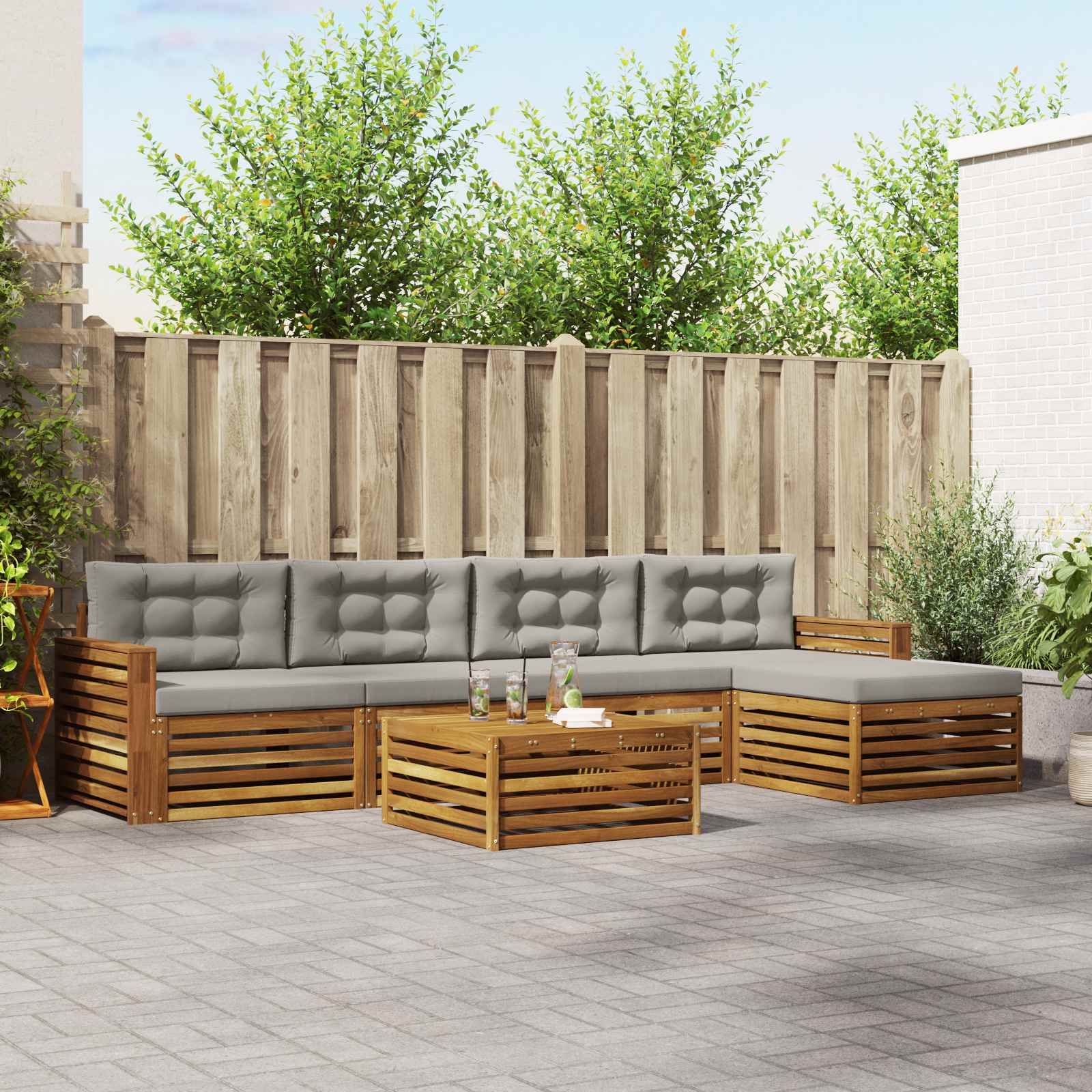 Buiten bankenset met kussen 6 pcs Natuurlijk en Lichtgrijs